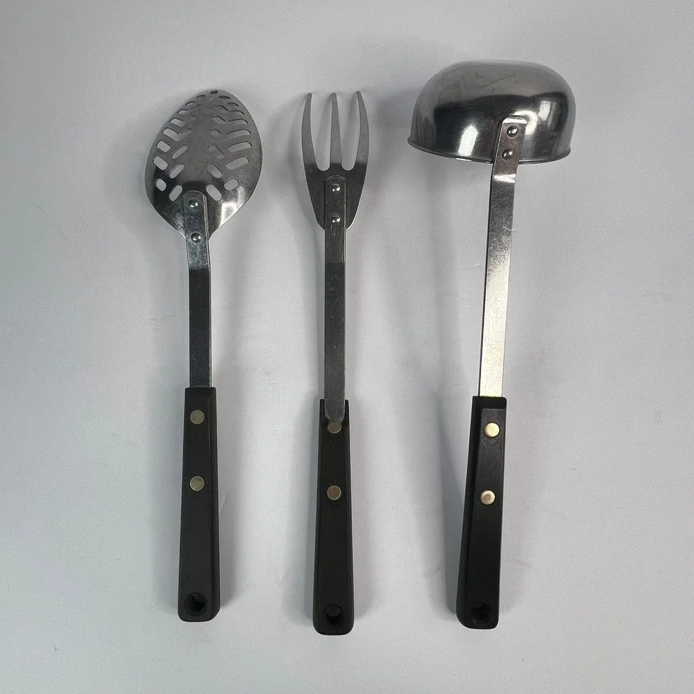 Vintage‎ Ekco Forge 3Pc Utensil Set Black Riveted Handles USA Ladle Fork Spoon